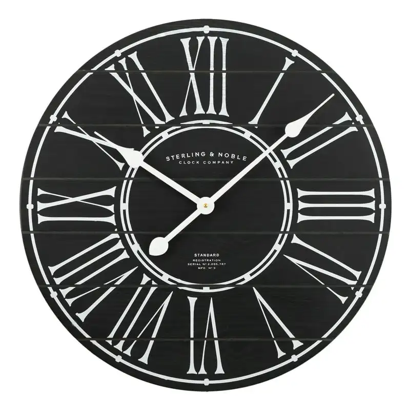 

Indoor Black Analog Round Modern Farmhouse Wall Clock with Roman Numeral Numbers