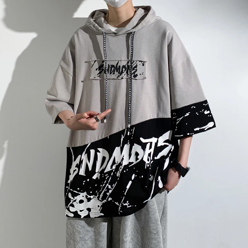 

Summer Men's Pullovers New Fashion Hong Kong Style Hooded Cotton Half Sleeve Drawstring Letter Contrasting Colors Tops