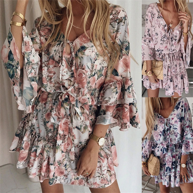 

Women's Slinky Retro Flounced Dresses Fashion Mini Skirt Summer Elegant Chiffon V-Neck Pile Up Sleeves A-Line Floral Dress