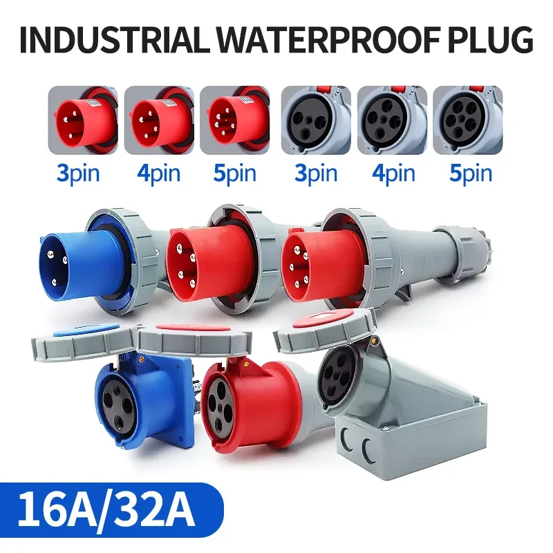 

Industrial Plug and Socket 5pin 3core 3P/4P/5P Electrical Connector 16A 32A IP44 IP67 Wall Mounted Socket MALE FEMALE
