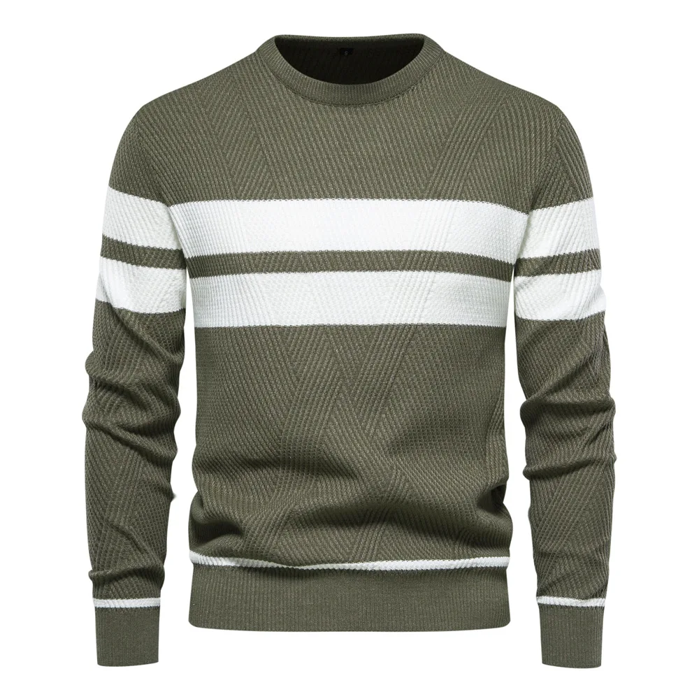 2023 autumn and winter men's casual striped men's sweater pullover color block round neck men's European size knitted sweater
2023 autumn and winter men's casual striped men's sweater pullover color block round neck men's European size knitted sweater