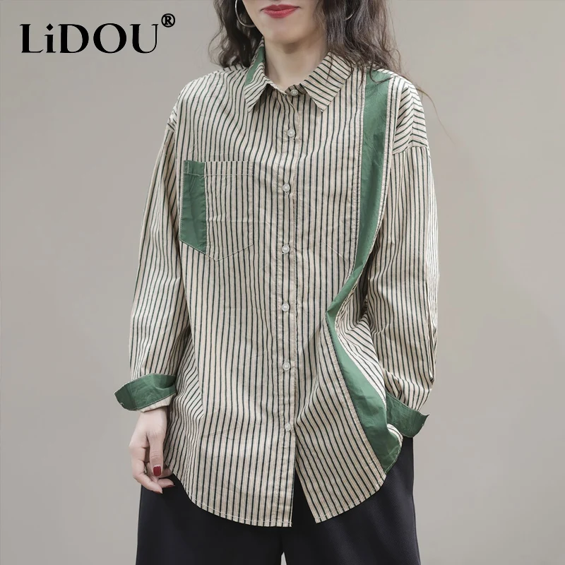 

Spring Autumn New Turn-down Collar Long Sleeve Fashion Striped Shirt Women Cotton Hemp Loose Casual Mid-length All-match Tops