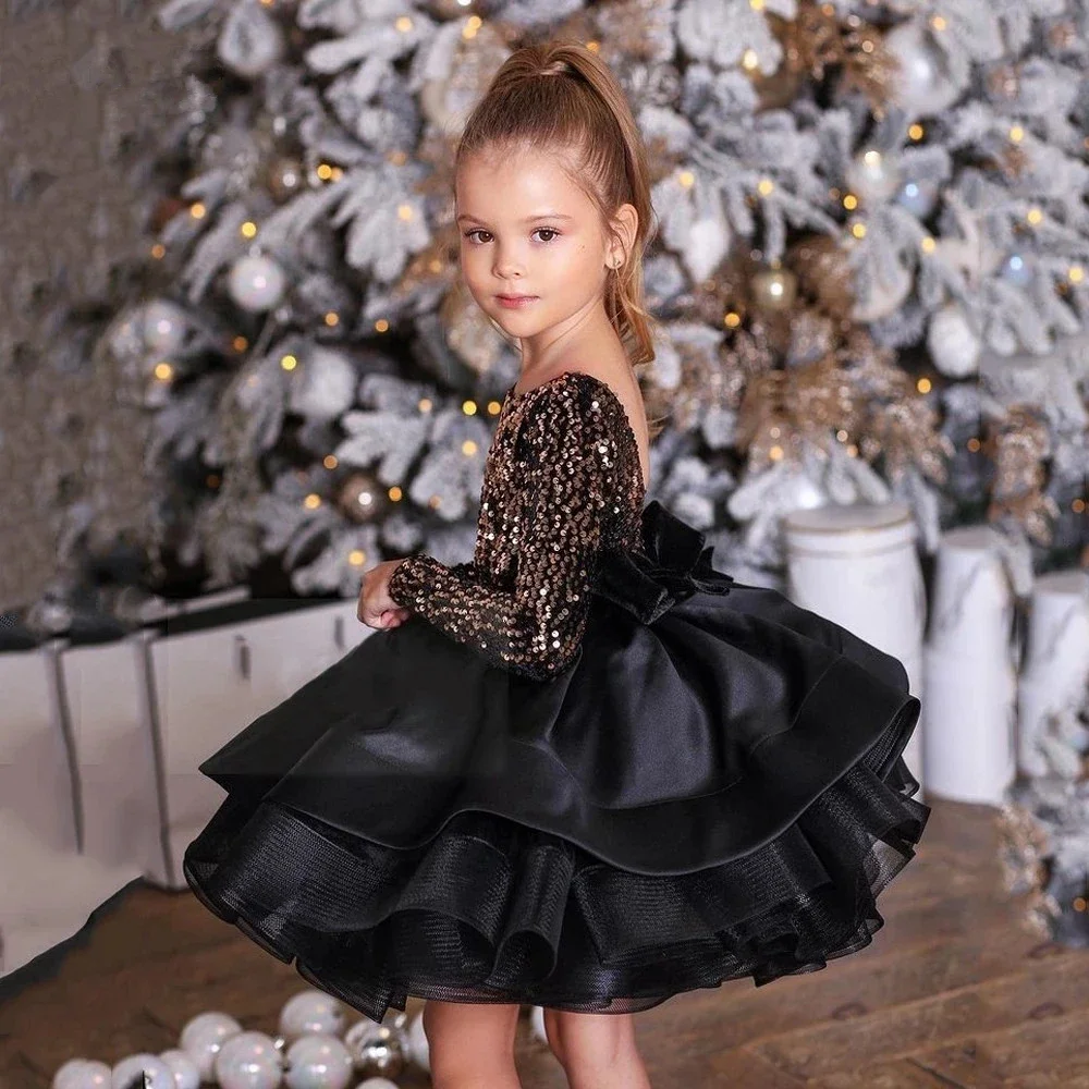 

Luxury Kids Pageant Dresses Sequin Tutu Flower Girl Dress Long Sleeves Sparkling Ruffles Tulle Girl's Birthday Gowns Big Bow