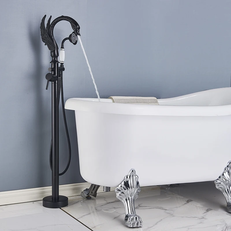 

Black Bathroom Bathtub Faucet Floor-standing Hot and Cold Mixer Taps Special Swan-shaped Water Outlet Floor