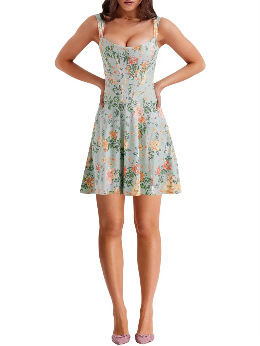 

Женское мини-платье Y2K на бретелях-спагетти с цветочным принтом на завязках с открытой спиной ТРАПЕЦИЕВИДНОЕ Короткое платье женское платье на бретелях Клубная одежда