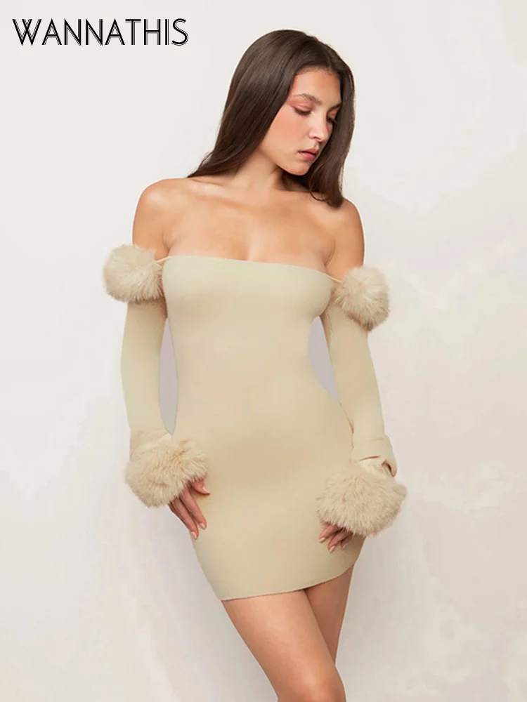 

WannaThis Furry Long Sleeve Dress Women Sexy Off Shoulder Cocktail Party Mini Dress Elegant Strapless Evening Prom Clubwear
