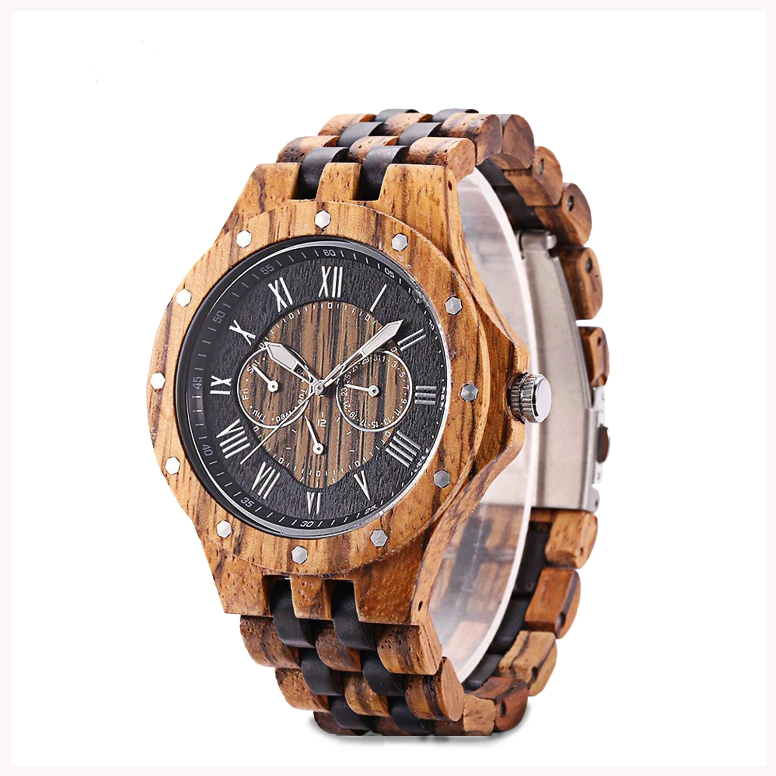 

Men's Wooden Quartz Wristwatches Roman Numeral Scale Date Luminous Analog Watch, Bracelet