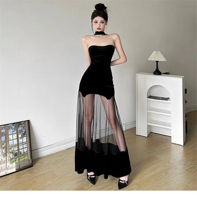 

Сексуальное праздничное платье без бретелек Hotsweet, новое летнее модное черное платье с прозрачной сеткой и вырезом лодочкой, бархатная облегающая юбка для фото