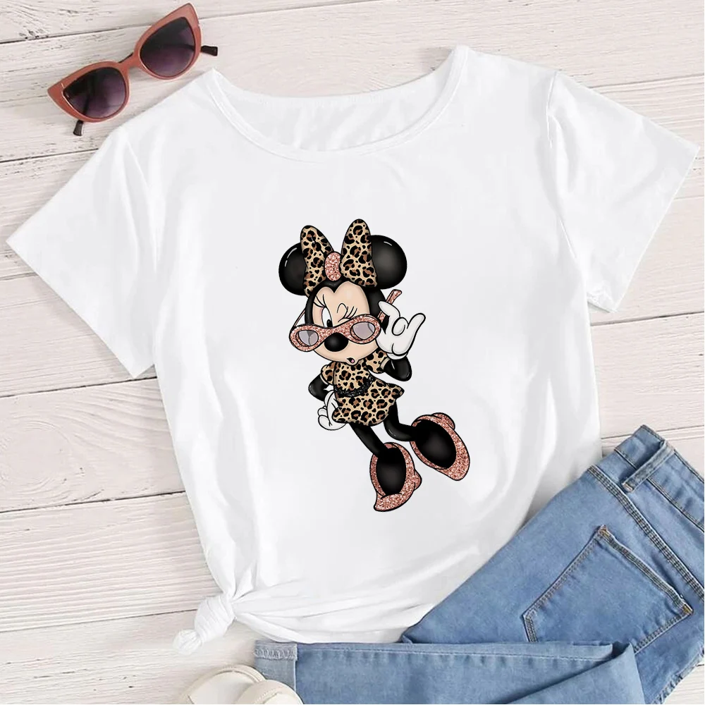 

Kawaii Disney Cartoon Minnie Leopard Graphic Ladies T-shirts Fashion Mickey Mouse 90s Harajuku Women's Clothing Summer Men Tops