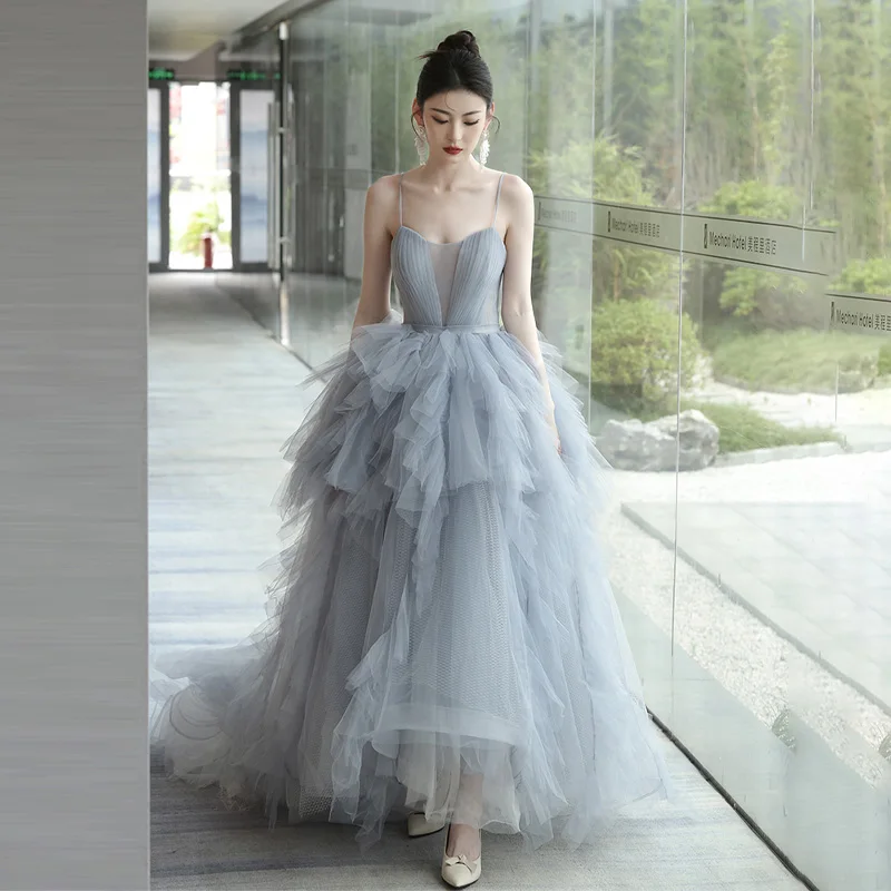 

It's Yiiya Evening Dress Gray Tulle Pleat Straps A-line Floor-length Ruffles Trailing Plus size Women Party Formal Gown A3065