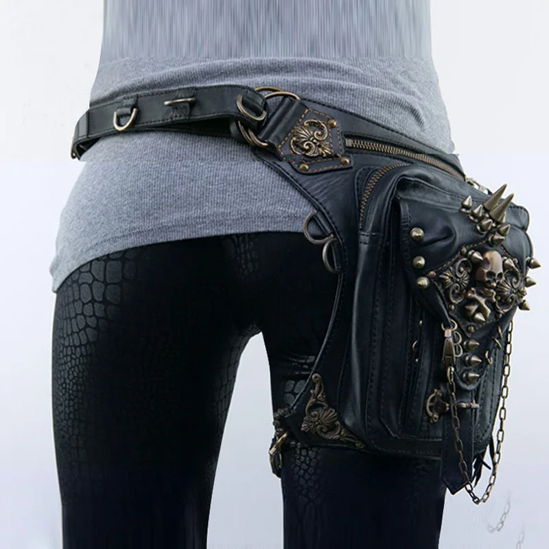 

Retro SteamPunk Leather Waist Bag Serpentine Crossbody Bag Rock Men Women Gothic Black Fanny Packs Fashion Motorcycle Leg Bags