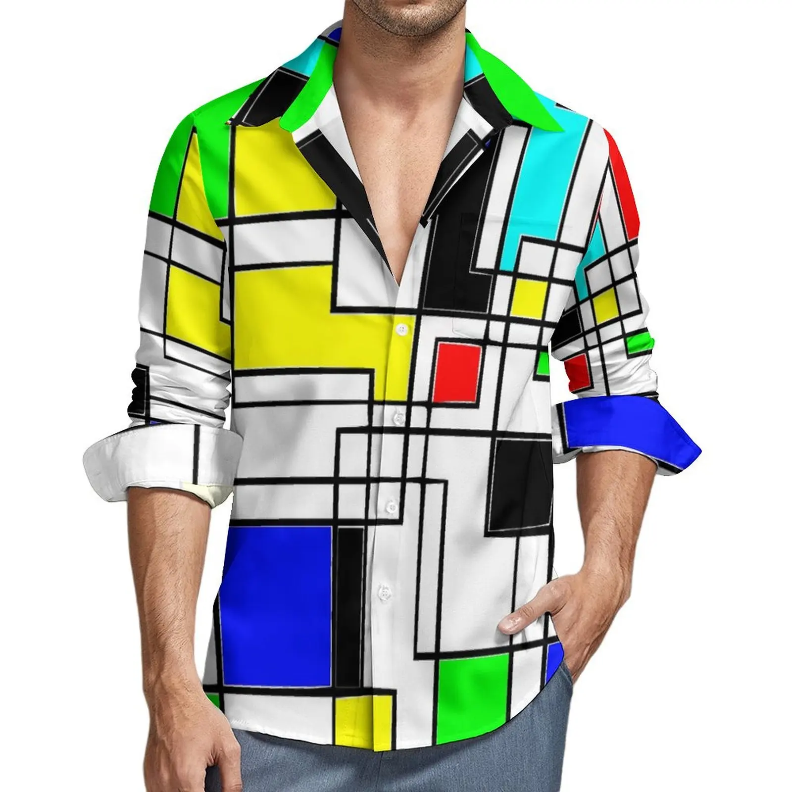 

De Stijl Print Casual Shirts Random Squares Elegant Shirt Autumn Y2K Street Oversize Blouse Man Long Sleeve Design Top Gift