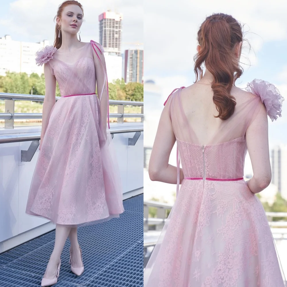 

Prom Dress Net Flower Applique Ruched Homecoming A-line V-neck Bespoke Occasion Gown Midi Dresses Evening Saudi Arabia