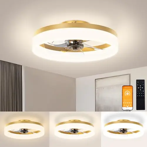 

Low Profile Ceiling Fan with Light and Remote Control, 15.7 Inch Modern Ceiling Fan Flush Mount, 3000K-6500K Dimmable Bladeless