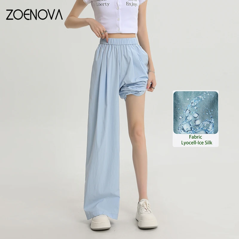 

ZOENOVA Summer Ice silk Women's Pants Wide Leg High Waist Casual Black Korean Fashion Pant Women Trousers pantalones de mujer