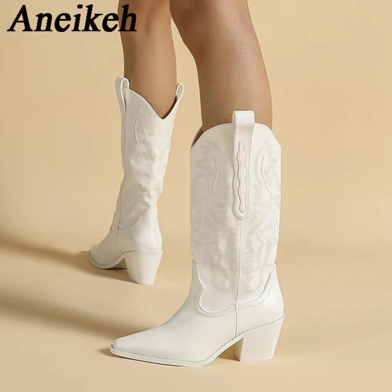 

Aneikeh Women's PU Splicing Embroidery Paisley Modern Wedges Slanted Boots 2024 Fashion Sexy Pointed Mid Calf Boots Zapatos34-43