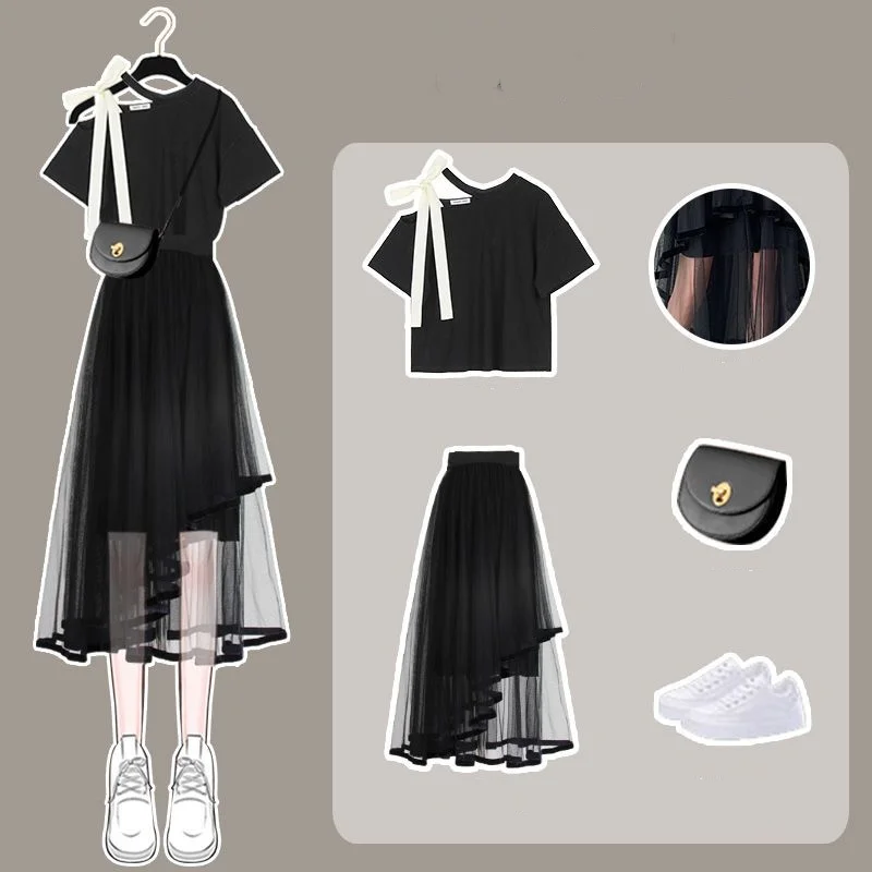 Korean Fashion Set Women's 2023 Summer New Loose Print Short Sleeve T-shirt High Waist Irregular Mesh Skirt Two Piece Outfits
Korean Fashion Set Women's 2023 Summer New Loose Print Short Sleeve T-shirt High Waist Irregular Mesh Skirt Two Piece Outfits