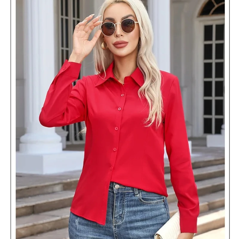 

Red Shirt Women Fashion Business Shirts Office Lady Long Sleeve Blouse Spring Women Clothing Button Up Shirt Basic Ladies Tops