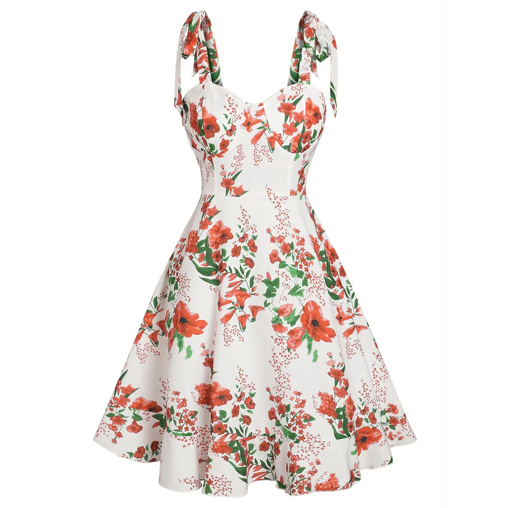 

Casual Sleeveless Allover Floral Print Tie Strap Cupped Flounce Cami Sundress For Female Summer Robe