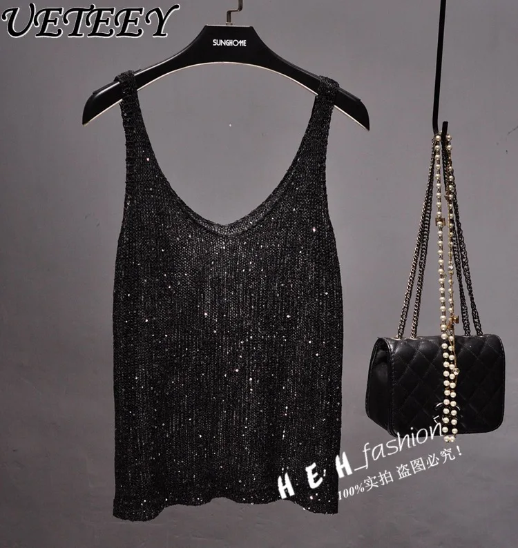 

Spring Summer 2024 New Korean Style V-neck Strap Knitted Sequined Vests Women All-Matching Sleeveless Sweater Bottoming Vest Top