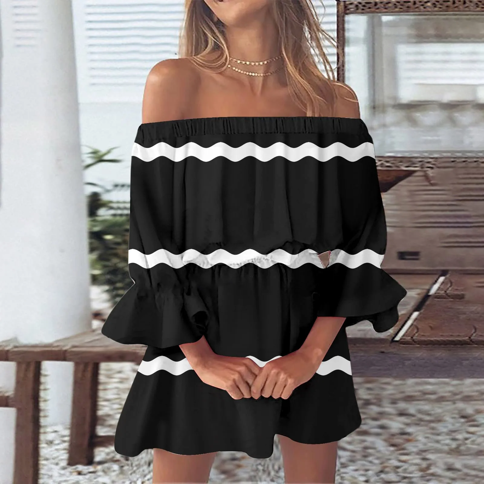 

Summer A Dresses For Women Beach Sexy Off Shoulder Tunic Sundresses Casual Loose Fit Bell Sleeve Mini Dresses for Summer Casual