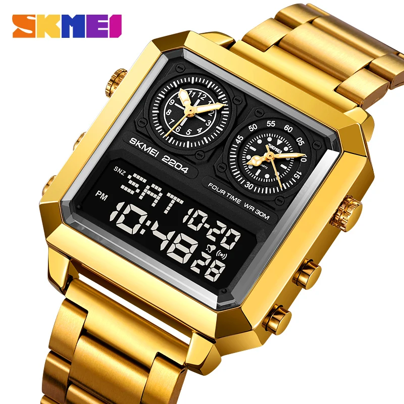 

SKMEI Square Mirror Mary Gold Stainless Steel Strap Authentic Men's Electronic Watch 4 Time Timer Alarm Clock EL Luminous 2204
