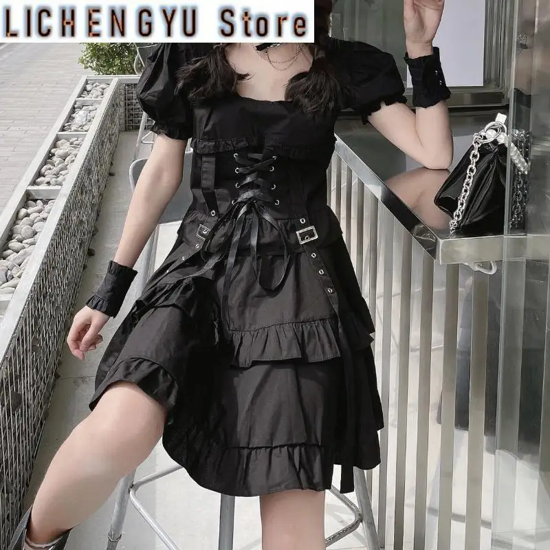 

New Summer Women's Gothic Lolita Dress Goth Punk Gothic Girl Harajuku Mall Goth Style Bandage Emo Clothes Mini Dress Spring
