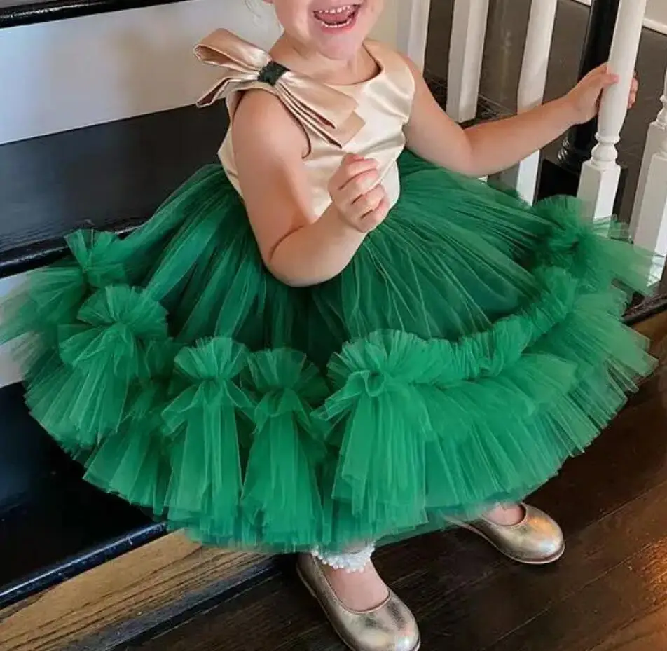 

New Green Puffy Tulle Baby Girls Dresses Infant Birthday Dress Tutu Kid Cloth Knee Length Photography Size 12M 18M 24M