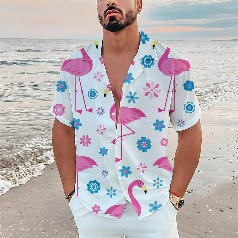 

Men's Shirts Hawaiian Shirt Floral Flamingo Pattern Print Casual Short Sleeve Button Print Clothing Tropical Fashion Street