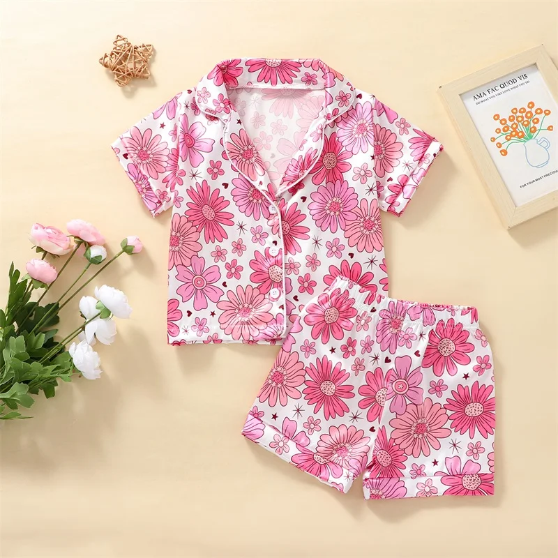 

1-6Y Kids Boys Girls Pajama Sets Children Summer Sleepwear Short Sleeve Lapel Tops Shorts Baby Dinosaur Floral Pyjama Nightwear