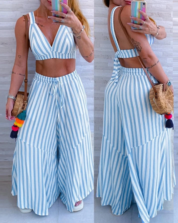 

2024 Summer Casual Vacation Two Piece Set Striped V-Neck Tied Detail Backless Crop Vest Top and Drawstring Wide Leg Pants Set