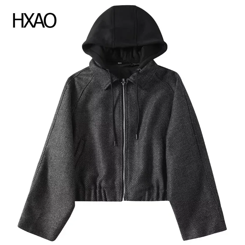 

HXAO Cropped Jacket Women With Hooded Zip Demi-Season Jacket Faux Wool Coats Bomber Jacket Wool Trench Coat Woman New Outerwears