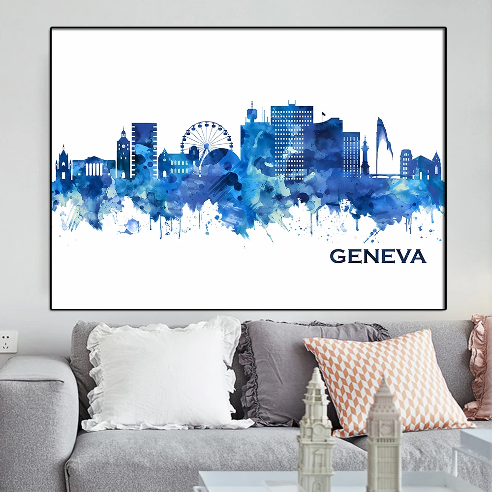 

Geneva Switzerland Skyline Travel Canvas Painting Watercolor Art View Pictures Print And Poster For Room Cuadros Decoration Gift