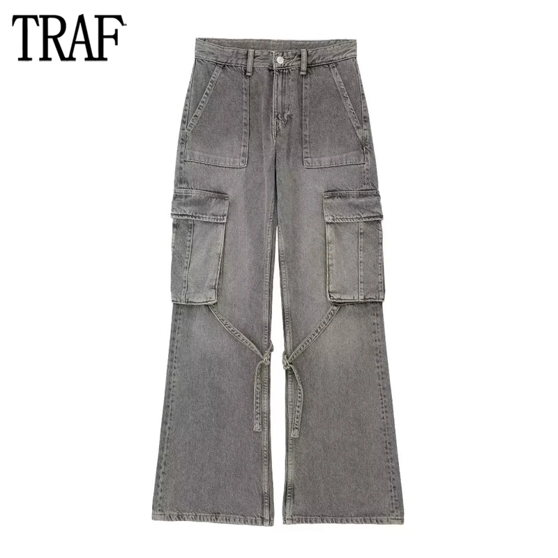 

TRAF Mid Rise Cargo Jeans Women Faded Straight Leg Jeans for Women Streetwear Belt Denim Pants Women Summer Casual Women's Jeans