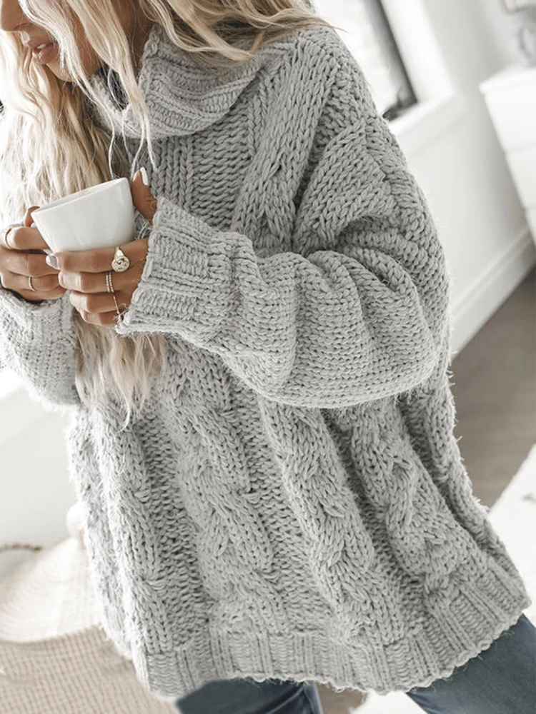 

Knitted Sweater Women Elegant Thick Warm Pullover Winter Casual Gray Turtleneck Knitwear Lady Fashion Elastic Long Sleeve Jumper