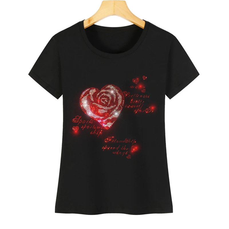 

Hot selling high quality hot diamond new love rose women's casual short-sleeved T-shirt flash diamond beautiful rose