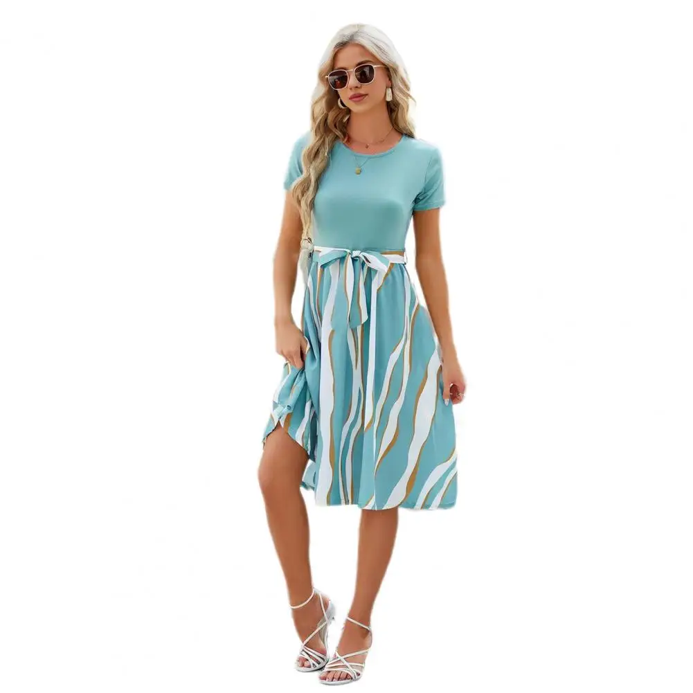 

Women Loose Fit Dress Elegant Summer Midi Dress with Colorful Print Belted Waist A-line Silhouette for Women for Parties