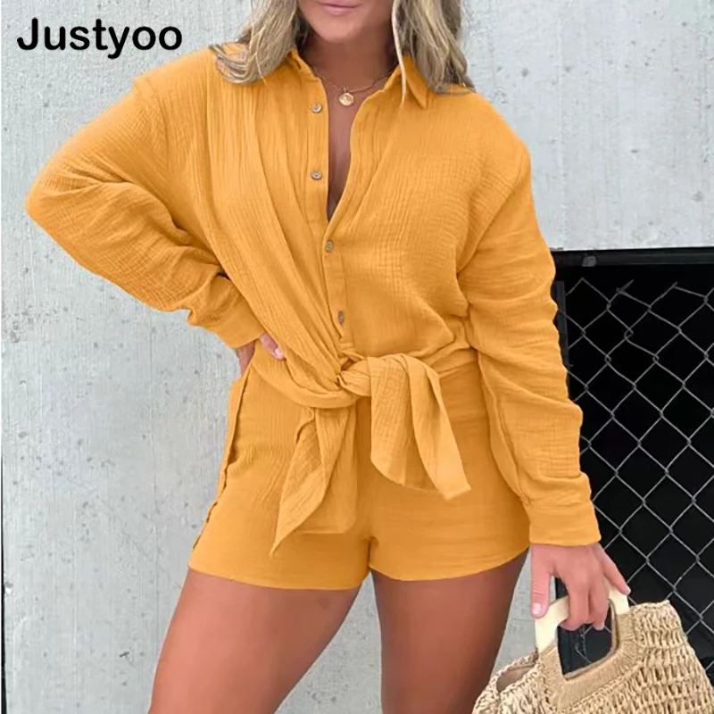 2023 Sexy Solid Color Women Casual 2 Piece Set Long Sleeve Button Shirt High Waist Shorts Suit Elegant Female Homewear Casual
2023 Sexy Solid Color Women Casual 2 Piece Set Long Sleeve Button Shirt High Waist Shorts Suit Elegant Female Homewear Casual