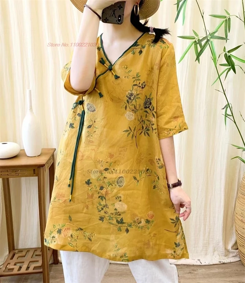 

2024 traditional chinese vintage blouse national flower print improved qipao blouse oriental retro 100% linen v-neck folk blouse