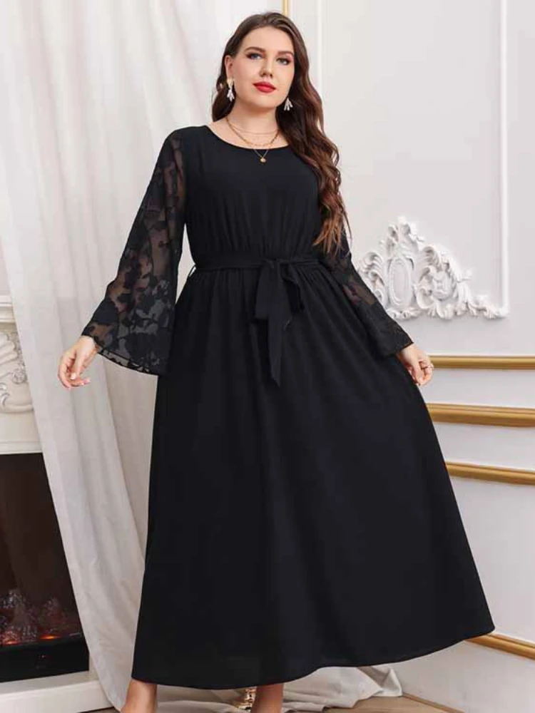 

Lace Patchwork Dresses for Women Black O Neck Long Sleeves Tunic Party Clubwear Elegant Sexy Graceful Plus Size A Line Vestidos