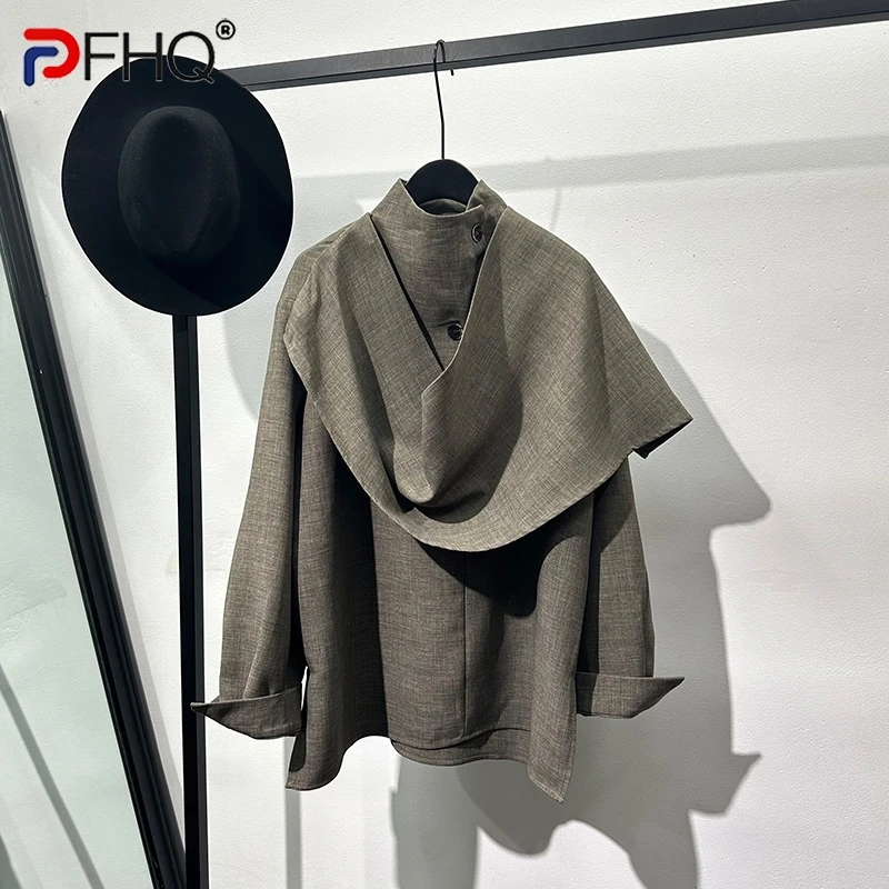 

PFHQ Niche Scarf Patchwork Men's Tops Loose Standing Collar Long Sleeved Shirt Irregular Solid Color Personality Summer 21Z4376