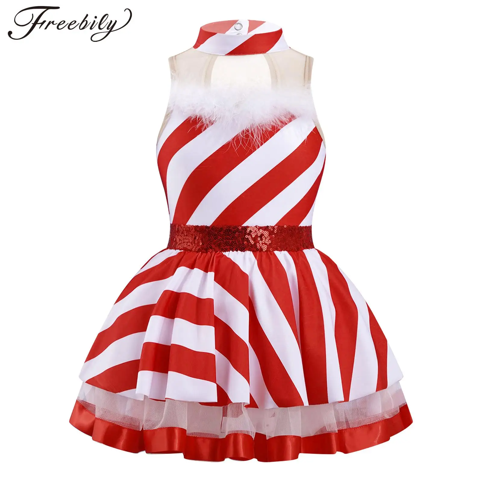 

Kids Girls Christmas Dance Dress Sleeveless Striped Mesh Tutu Xmas New Year Theme Party Carnival Elf Cosplay Performance Costume