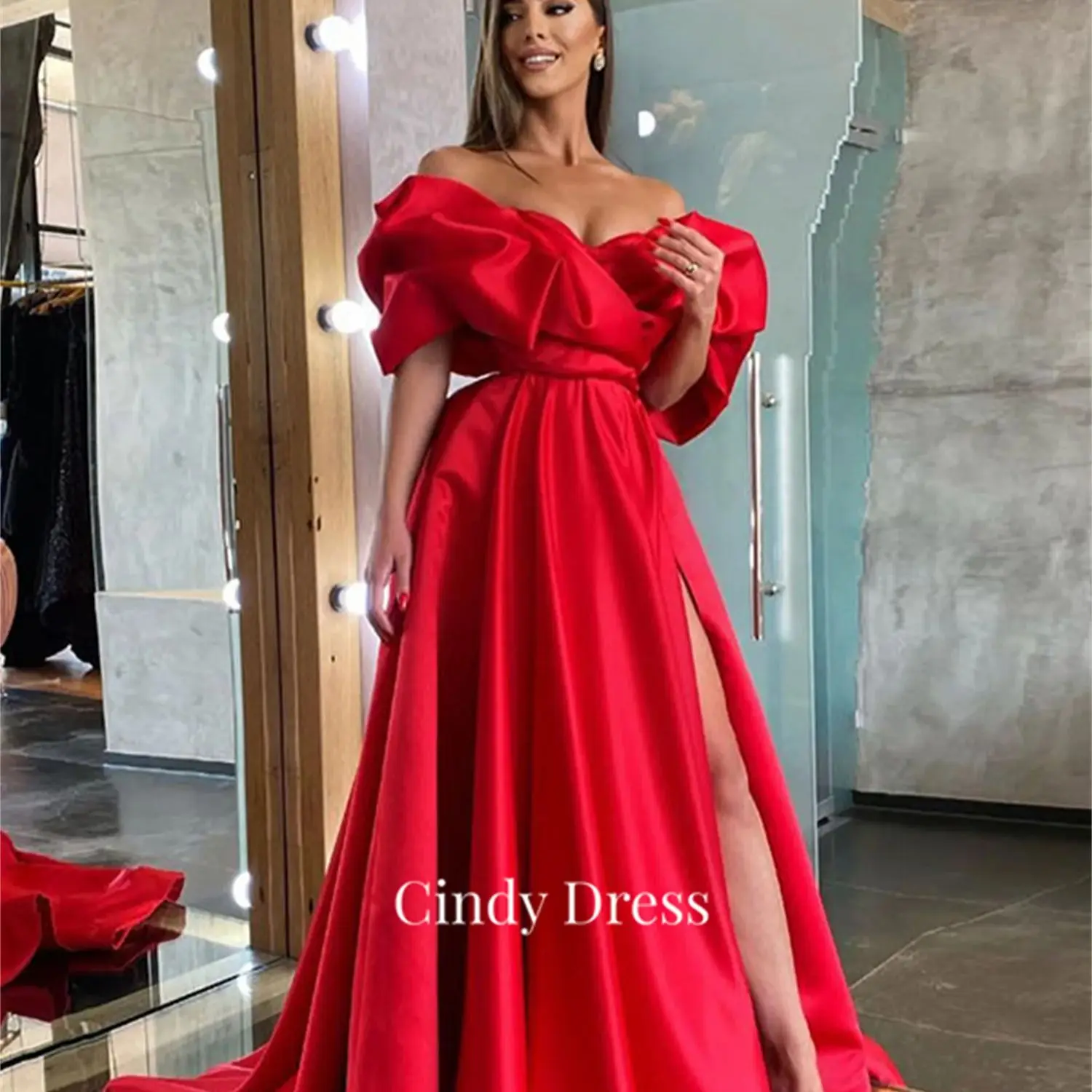 

Cindy Female Dress Satin Saudi Women Evening Red Sharon Said Official Store A-line Gala Woman Off the Shoulders Prom Graduation