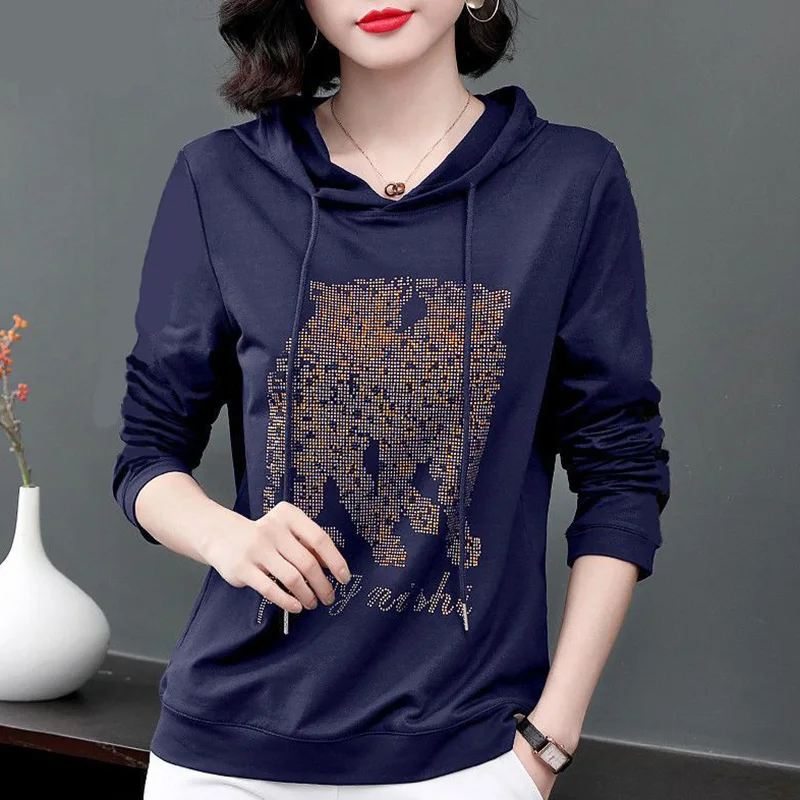 

Fashion Hooded Spliced All-match Diamonds T-Shirt Female Clothing 2023 Autumn New Casual Pullovers Tops Loose Commute Tee Shirt