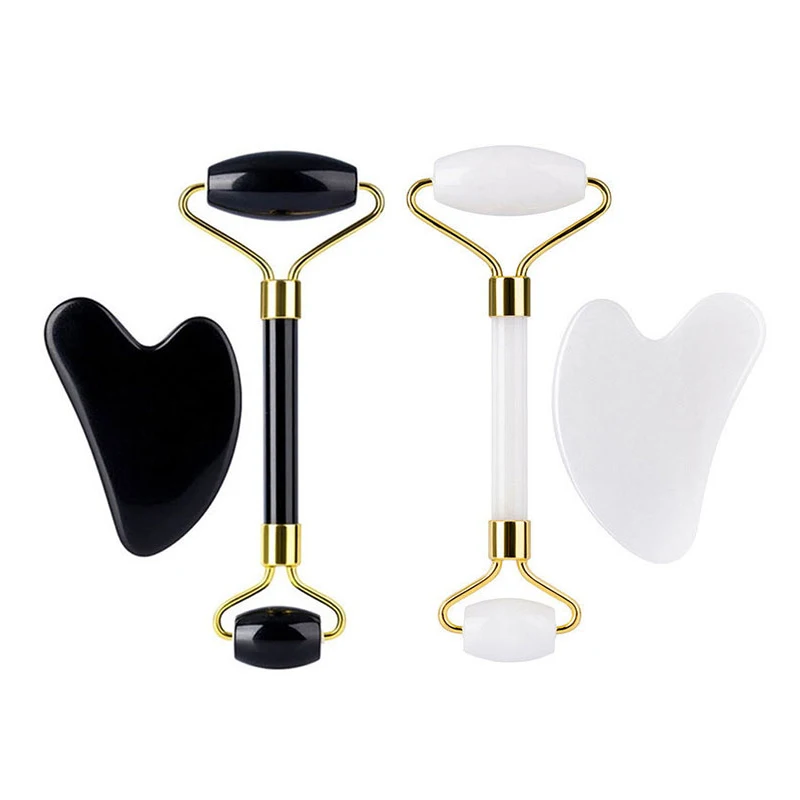 

White Jade And Obsidian Roller Gua Sha Set Gouache Scraper Roller Massager Facial Lifting Anti Wrinkle Skin Care Beauty Tool