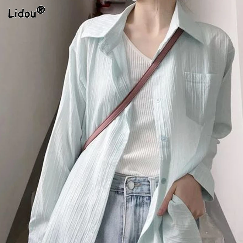 

2023 Women's Clothing Sweet Spring Summer Thin Loose Long Sleeve Button Solid Simplicity Fashion Casual Young Style New Blouses