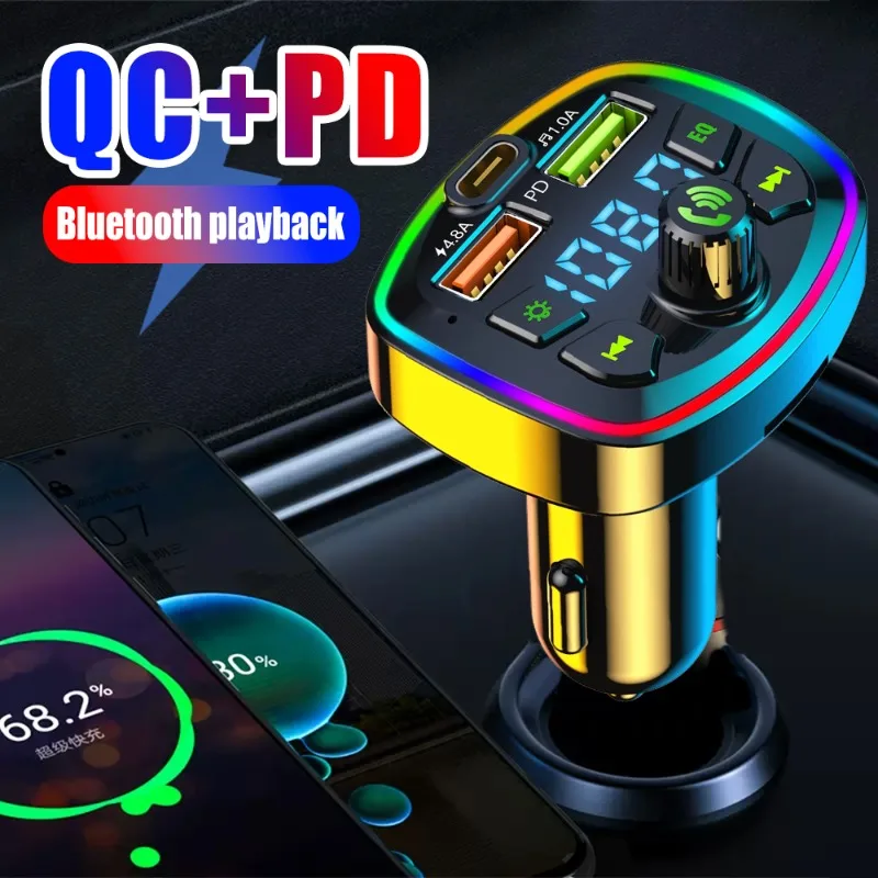 

Car Bluetooth 5.0 Charger Dual USB 3.1A PD 20W Type-C FM Transmitter Colorful Ambient Light Cigarette lighter MP3 Music Player