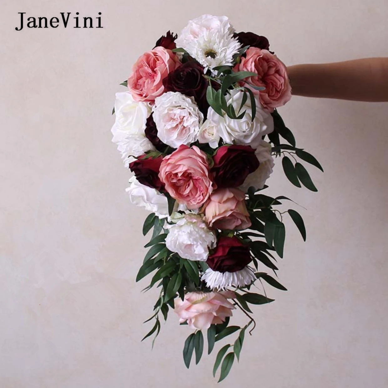 

JaneVini Gorgeous Pink White Roses Cascading Waterfall Bridal Bouquets Artificial Eucalyptus Silk Flowers Wedding Bride Bouquet