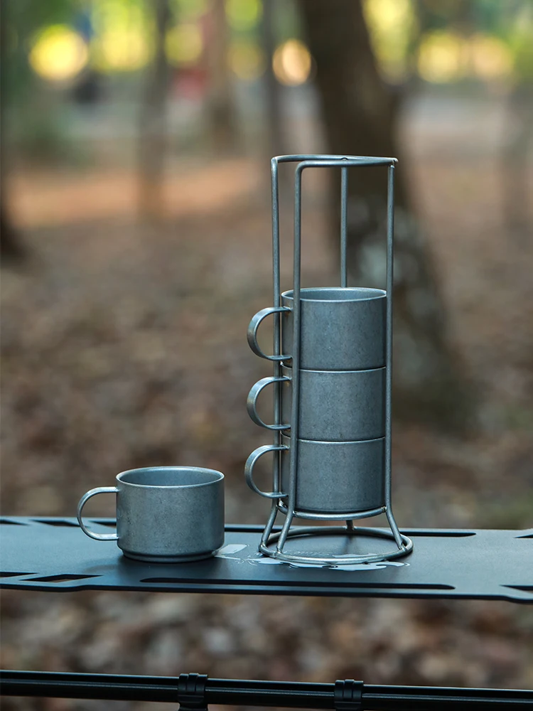 

Outdoor creative 304 stainless steel double cup insulated coffee cups stacked 4-piece camping retro wide mouth straight drink