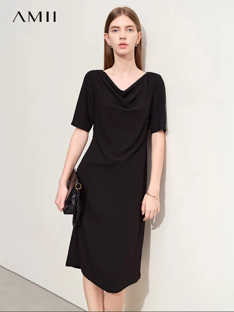 

Amii Minimalism Dress For Women 2024 Summer New Office Lady Swing Collar Half-sleeve Female Elastic Slim A-line Dresses 12442106